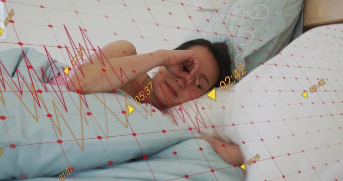 woman in bed rubbing eye opening eyes and adjusting cover as chart overlay advancing tracking sleep