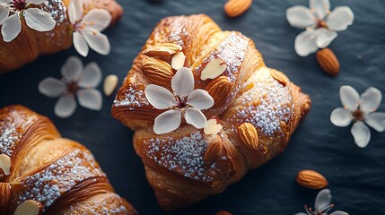Almond Croissant Blossom Delicious Pastry Art on Slate.
