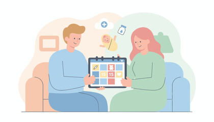 Joyful couple organizes their babys important dates and health appointments on a calendar