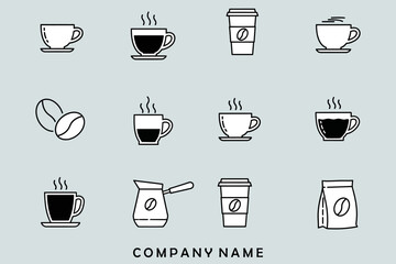 Collection of coffee cup illustrations showcasing various styles and types on a light background