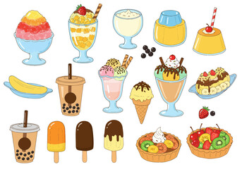 Delicious Assortment of Dessert Illustrations Ice Cream, Pudding, and Fruit Desserts