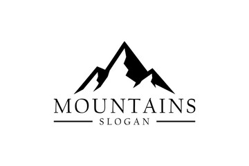 Minimalistic mountain logo design with the word 'MOUNTAINS' and a slogan beneath, suitable for branding
