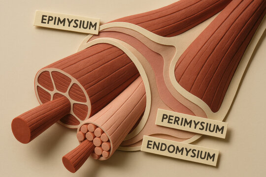 Artistic representation of muscle fibers showcasing epimysium, perimysium, and endomysium layers. intricate details highlight structure and organization of muscle tissue, evoking sense