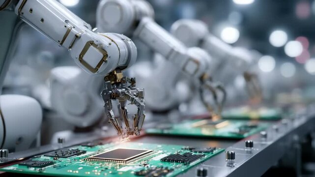 Generative AI. Robotic arms assembling electronic circuit boards in a high-tech manufacturing facility, showcasing precision engineering and advanced automation technology in action