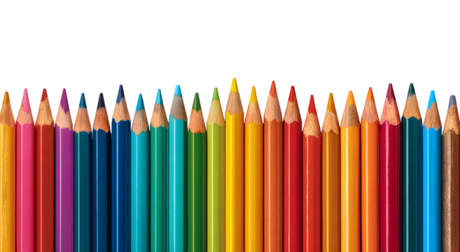 Vibrant colored pencils in a row, perfect for creative projects, art, design, and education with a rainbow of hues