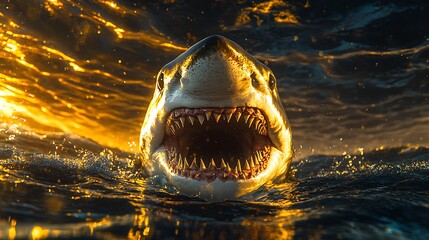 Great White Shark Open Mouth in Golden Ocean Water.