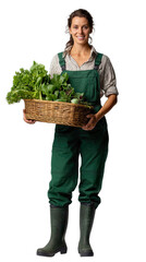 Transparent Cutout of a Happy Female Farmer, Wearing Green Overalls and Rubber Boots, Holding a Wicker Basket Overflowing with Freshly Harvested Organic Greens