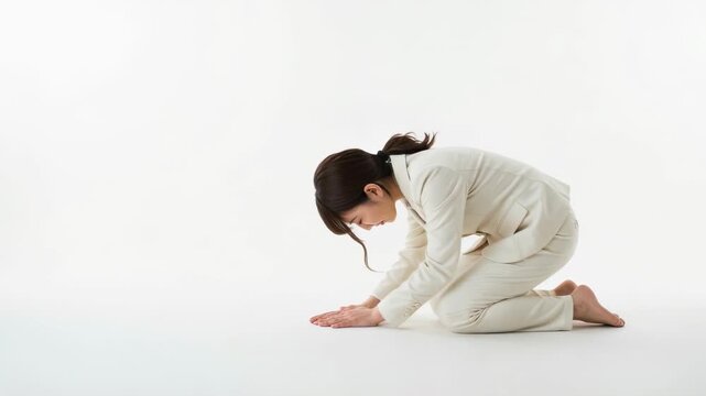 白いスーツの女性が床に頭をつけ深く謝罪する土下座の動作と真剣な表情