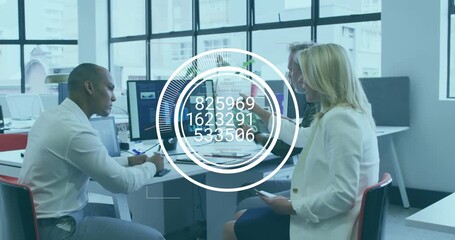 Business team analyzing cycling overlay initiating from data update and pointing at tablet chart - Powered by Adobe