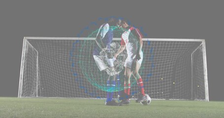 blue socks soccer player tapping ball, red socks feinting bypassing defender under network overlay - Powered by Adobe