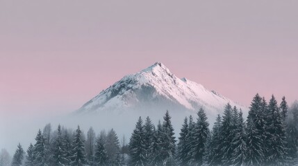 Mountain Majesty: A serene vista of a snow-capped mountain peak rising gracefully above a forest of frosted evergreens, the soft hues of the sky creating a tranquil atmosphere. 