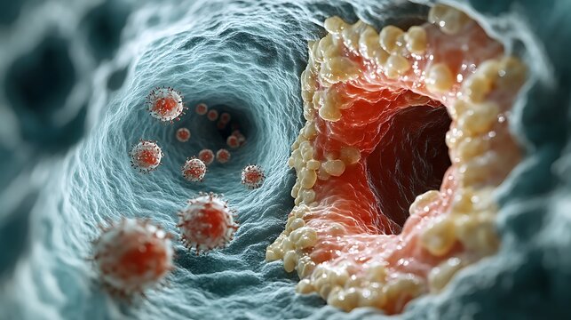 Microscopic view of virus cells attacking body tissues.