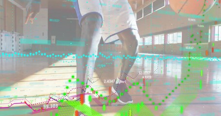 Mature man dribbling on court activating sports stats overlay tracking footwork crossover dribble - Powered by Adobe
