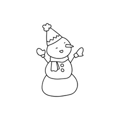 Whimsical Outline Drawing of a Cheerful Snowman Wearing a Striped Hat and Scarf Ready for Winter Fun Isolated on White Background