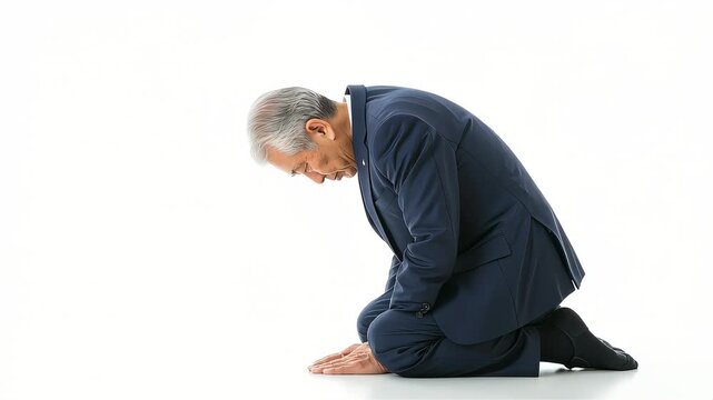 スーツ姿のシニア男性が床に正座して深々と頭を下げる（土下座・最敬礼）