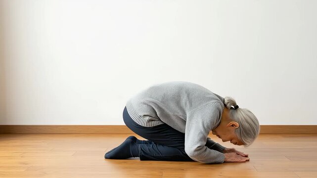 フローリングの上で正座し、深く頭を下げる私服姿のシニア女性（土下座・最敬礼）