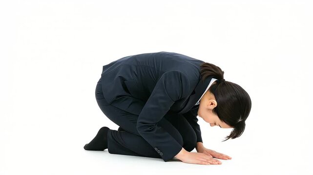 スーツ姿の女性が床に正座して深く頭を下げる（土下座・最敬礼）