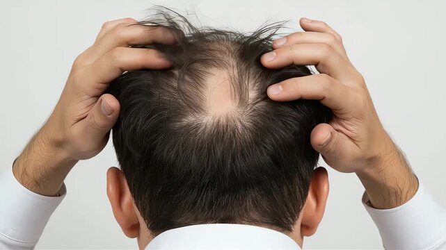 進行した頭頂部の薄毛（O字型脱毛症）を両手で確認する男性の後ろ姿