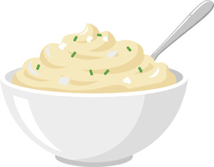 Flat Design Creamy Mashed Potato Bowl with Spoon and Chives Illustration