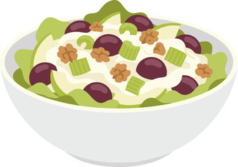 Flat Illustration Waldorf Salad with Apple, Celery, Grape and Walnut in Bowl