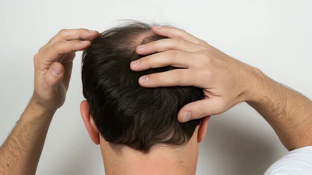 頭頂部を両手で触り、薄毛の進行や脱毛を気にしている男性の後頭部