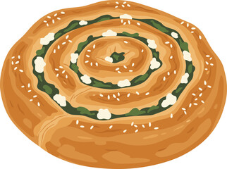 Detailed Traditional Round Burek Pastry Swirl Filled with Cheese and Spinach
