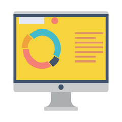 Computer Monitor Displaying Colorful Data Charts and Graphs on Yellow Screen with Blue Frame and Gray Stand Office Analytics and Reporting Concept
