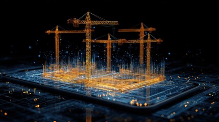 Digital Construction Cranes: An illuminated grid model depicting construction cranes and infrastructure, symbolizing the innovative process of digital construction.