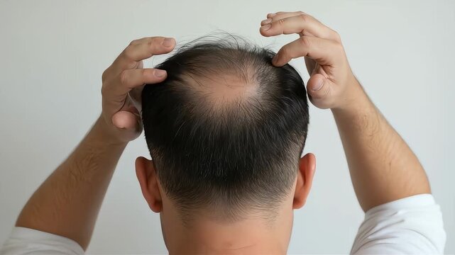 薄毛の頭頂部を両手で触り、状態を確認する男性の後ろ姿