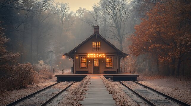 Snowy train station scene with autumn, railroad, travel, and fog.