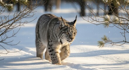 Obraz premium Majestic Lynx Stalks Through Snowy Forest, Winter Wildlife Portrait.