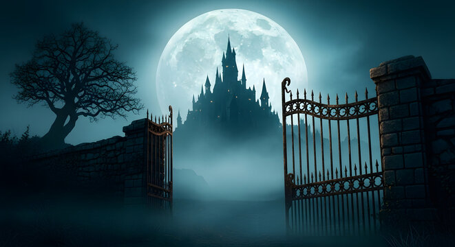 Mysterious gothic castle silhouette shrouded in fog under a large full moon at night with an open wrought iron gate