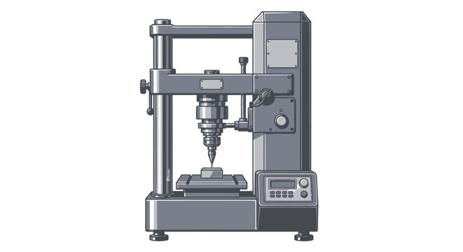 An isolated pixel art illustration of an industrial precision press machine used for material hardness testing and analysis