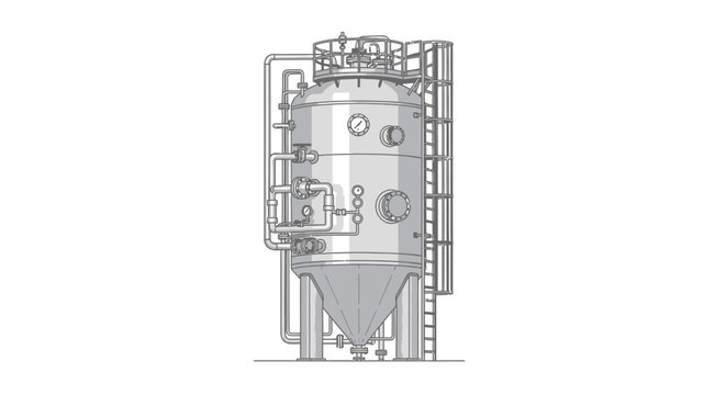 Technical line art drawing of an industrial processing vessel or fermentation tank for manufacturing, isolated on a white background