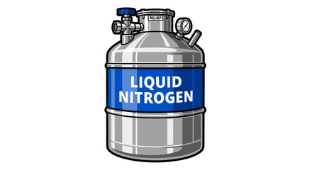 Illustration of a silver container with a blue label reading "Liquid Nitrogen," featuring valves and a pressure gauge.