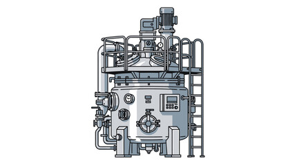 Fototapeta premium Illustration of a large industrial mixing tank with pipes, gauges, and a ladder, set against a white background.