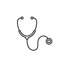 Line art illustration of a stethoscope on a white background.