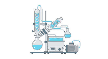 Illustration of a rotary evaporator with a round-bottom flask, condenser, and receiving flask, filled with blue liquid.