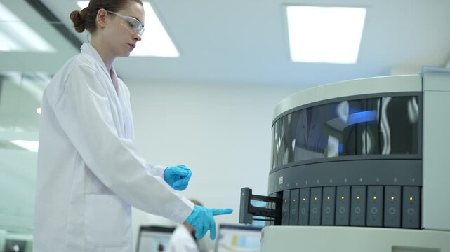 lab technicians troubleshoot an automated analyzer. One reviews the instrument's error log and maintenance protocol on a tablet while discussing the repair strategy with her colleague.
