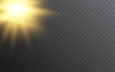 Vector realistic light on isolated transparent background. Light with glare png. Dawn, sunset, sun png. Flash of light, light effect.