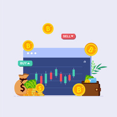 Cryptocurrency trading and growing concept flat illustration vector template, Bitcoin rising, Stock exchange scene with computer, Crypto investment strategy