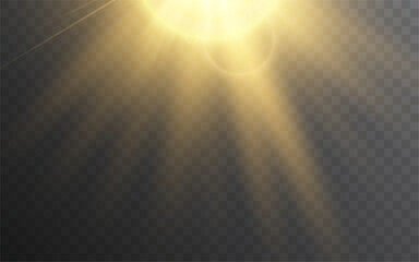 Vector realistic light on isolated transparent background. Light with glare png. Dawn, sunset, sun png. Flash of light, light effect.