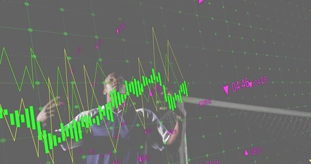 Soccer player spotting descending ball, juggling headers under goal as charts shifting for analysis - Powered by Adobe