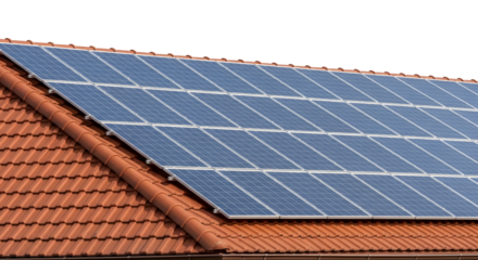 Solar panels installed on a red tiled roof generating clean, sustainable energy for a home or business