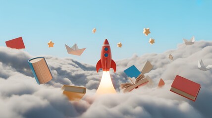 Fototapeta premium Red Rocket Launching Through Clouds with Flying Books.