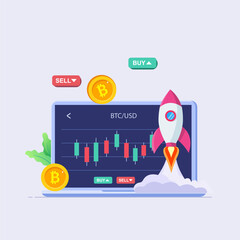 Cryptocurrency trading and growing concept flat illustration vector template, Bitcoin rising, Stock exchange scene with computer, Crypto investment strategy
