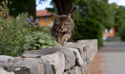 Obraz premium a brown cat jumping over a wall and feeling happy