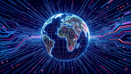 Obraz premium Futuristic electronic globe powers global digital communication network data flow speed