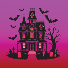 Victorian Haunted House Silhouette with Graveyard, Glowing Windows, Bats, and Spooky Tree on Gradient Background