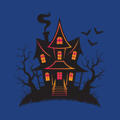 Spooky Haunted House Silhouette with Fiery Orange-Red Windows, Bare Trees, and Bats on a Dark Blue Background